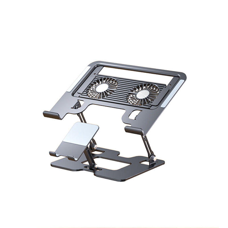Black foldable laptop stand with two round fans, adjustable arms and a fold-out phone holder, white background