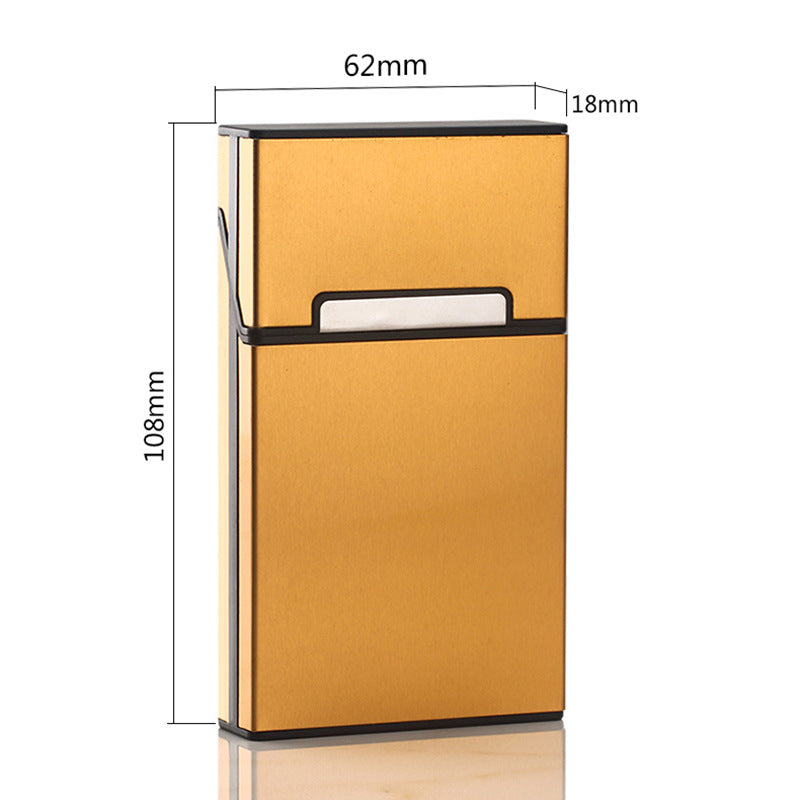 Gold aluminum cigarette case with maker size marks of 108 by 62 by 18 millimeters
