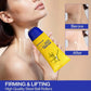 Woman rolling the neck cream steel ball applicator along her neck while holding the yellow tube in her hand