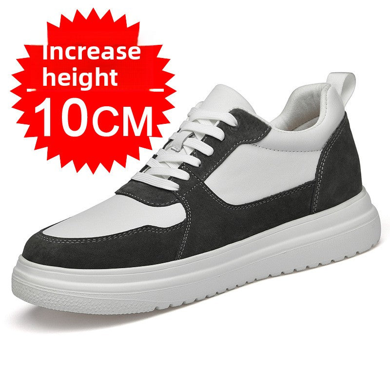 White and charcoal low-top sneaker with a chunky white sole and no side tag, 10 cm hidden lift version