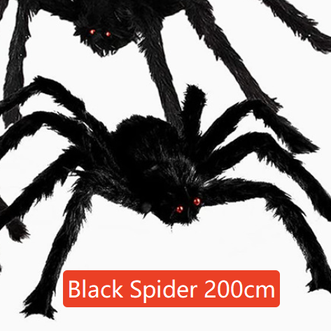 Hairy black Halloween spider prop with red eyes, flocked body and eight posable bendable legs