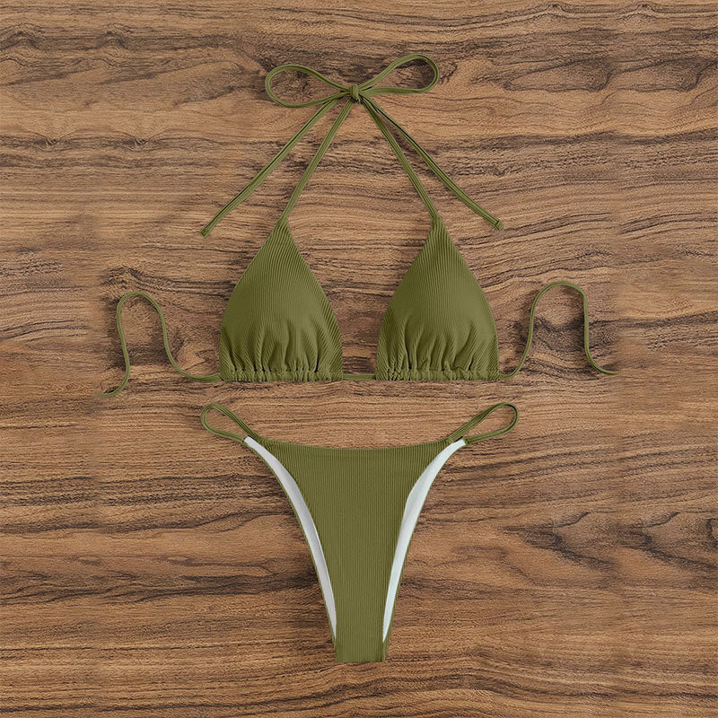 Olive ribbed halter triangle bikini set with tie side briefs, flat lay, size M variant