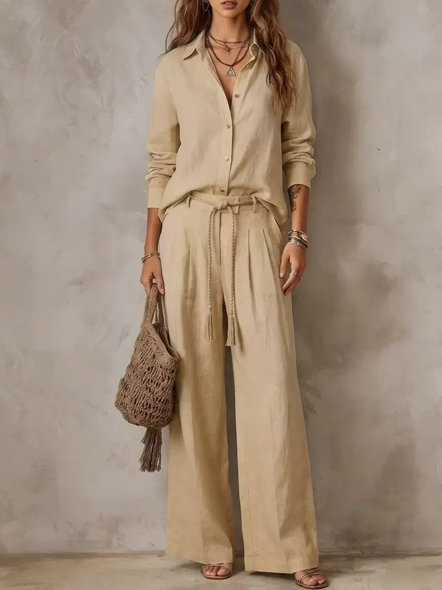Off white long sleeve button shirt and wide leg pants set, size L, front standing view