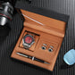Sport watch with steel bracelet shown next to the cufflinks in the gift set