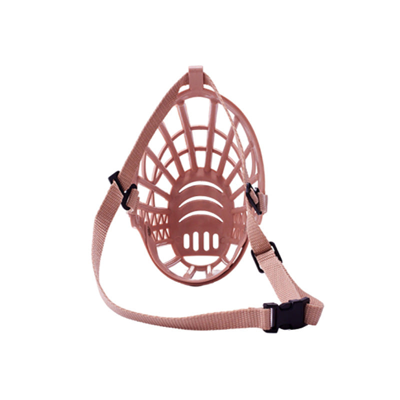 Beige basket dog muzzle shown alone with its adjustable head strap and buckle