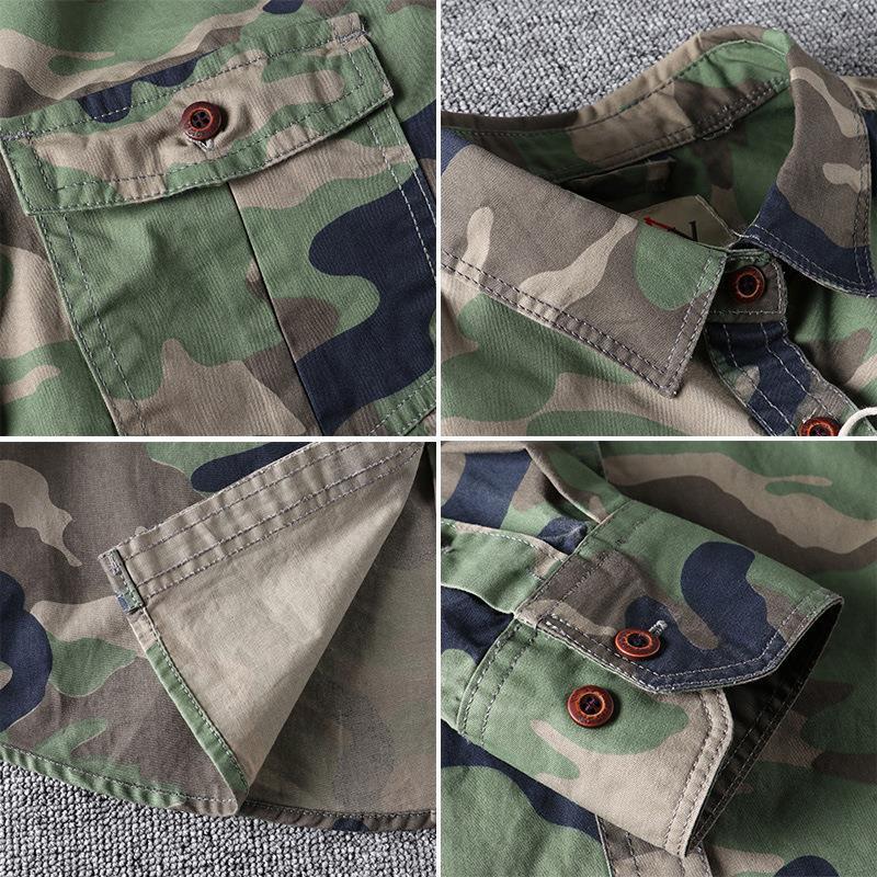 Men's washed camouflage long sleeve button shirt with two flap chest pockets close up on the two flap chest pockets