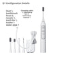 White electric flosser handle with two brush heads, floss nozzle, tooth tip, holder and cup