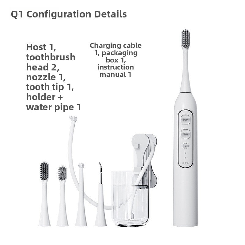 White electric flosser handle with two brush heads, floss nozzle, tooth tip, holder and cup