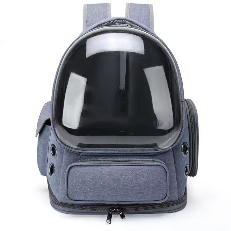 Blue transparent dome pet carrier backpack with a front pocket and side holes on white, Blue option