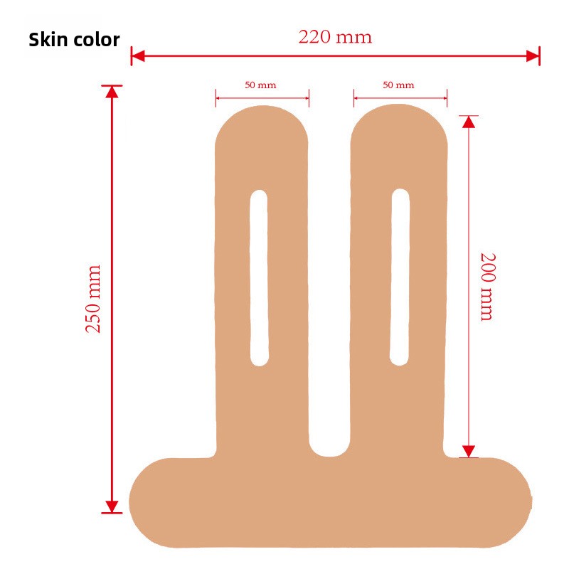 Skin colour pre-cut knee tape piece with printed dimensions in millimetres