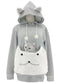 Light gray cat ear hoodie with a white plush cat face pouch and a small cat looking out, front view