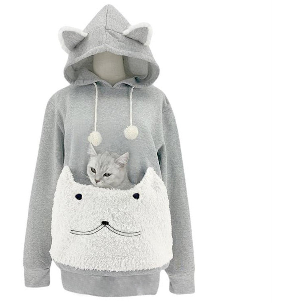 Light gray cat ear hoodie with a white plush cat face pouch and a small cat looking out, front view