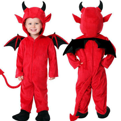 Child in a red plush devil costume with horned hood and black wings, front and back views