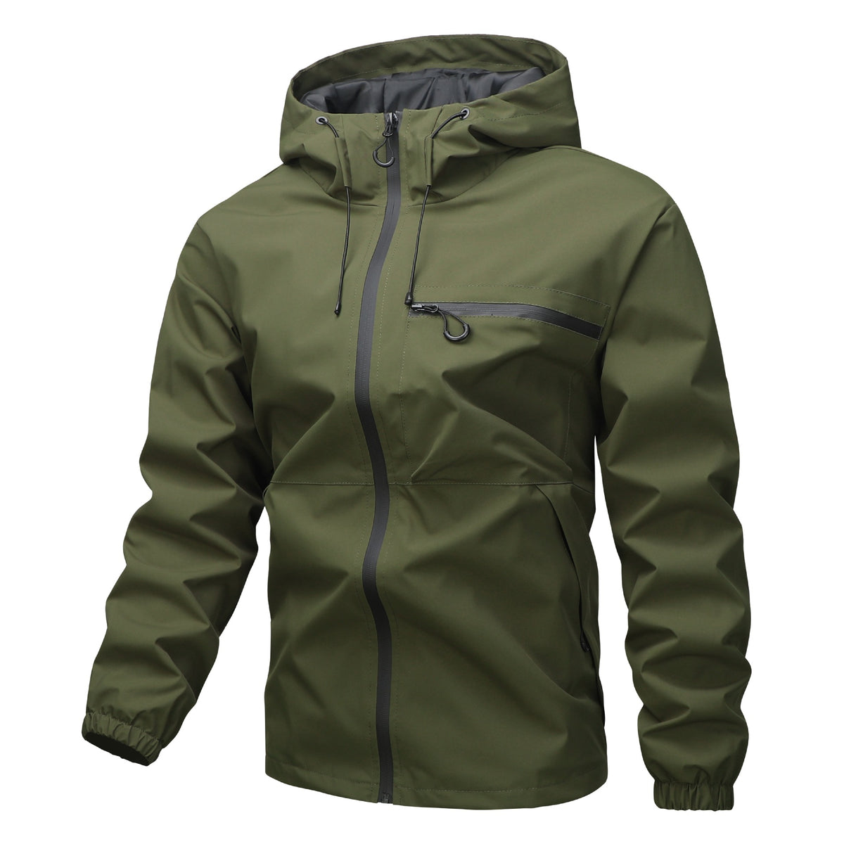 Army Green hooded zip jacket with drawstring hood and chest zip pocket, option image for size XS