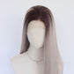 Front view of a gray ombre lace front wig with dark brown roots and a natural centre parting on a mannequin