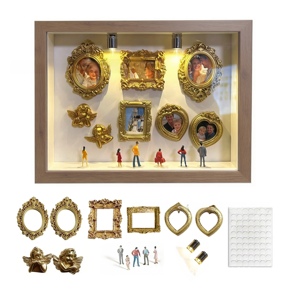 Natural wood shadow box with six gold mini photo frames, two cherubs and figurines above the loose pieces