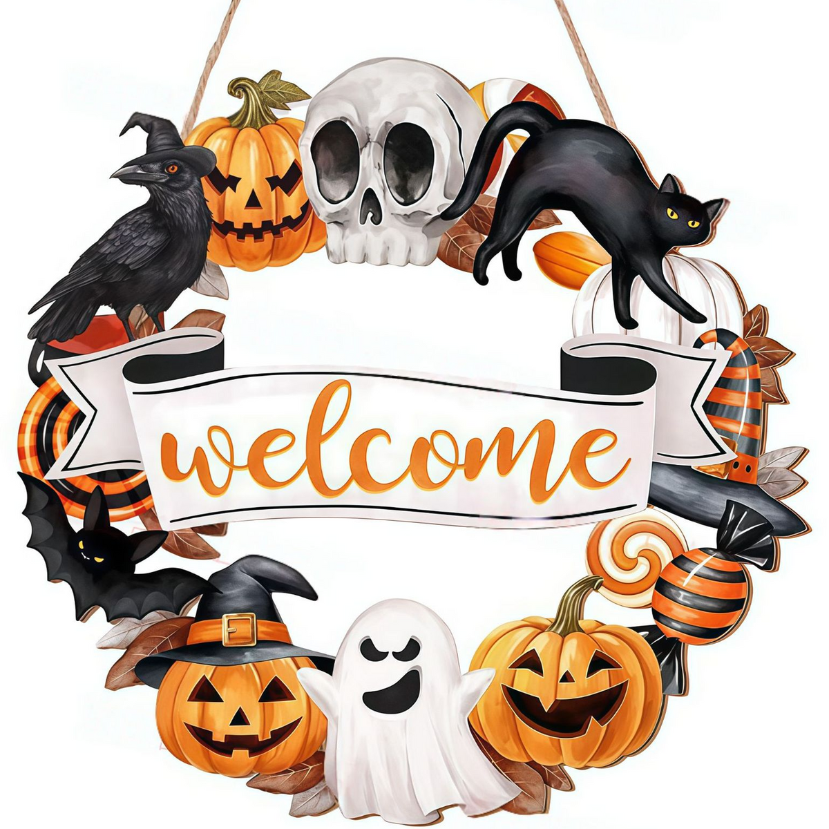 Wooden Halloween door hanger sign, flat printed design on a light wooden board with hanging cord