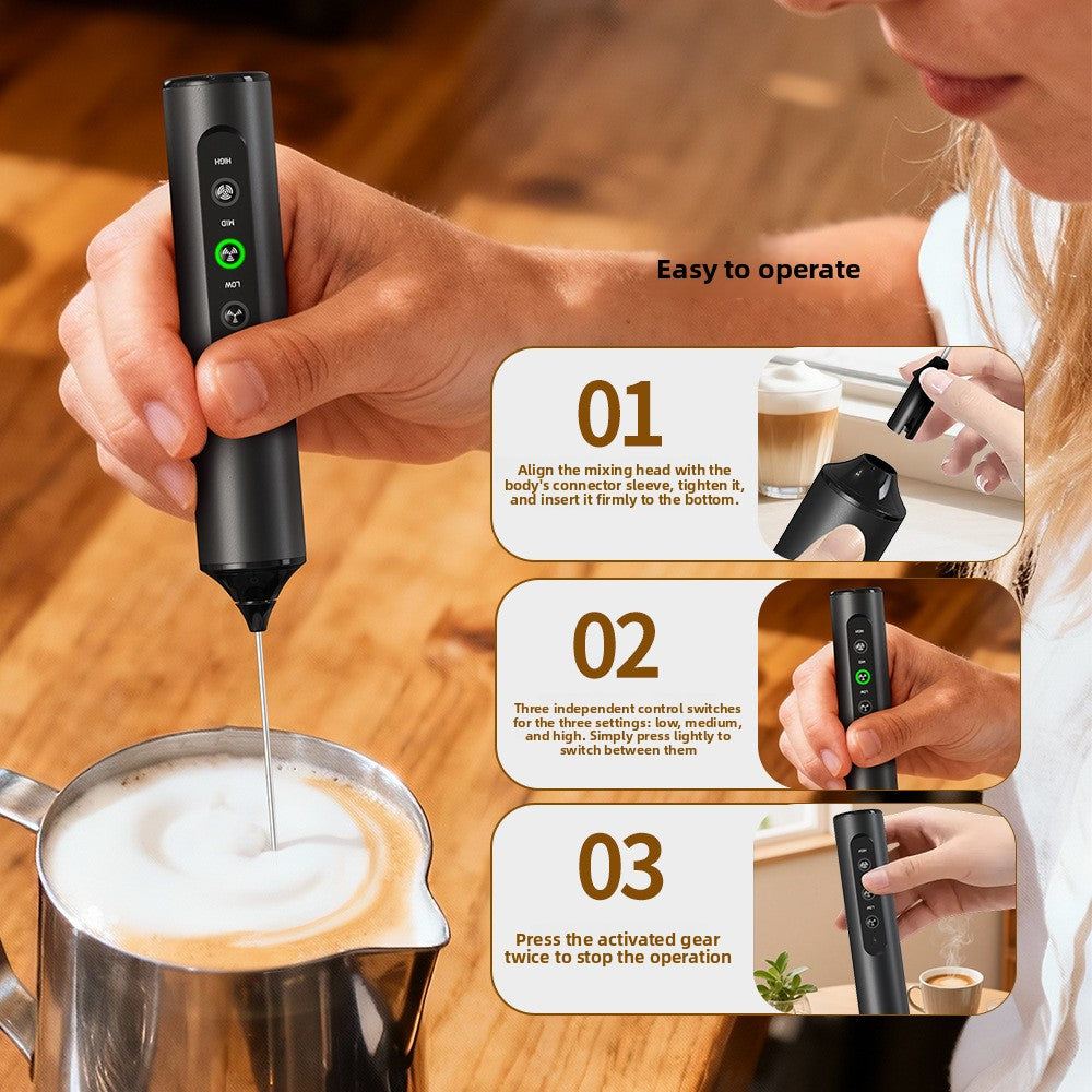 Three step guide to fitting the head, choosing low, medium or high speed and stopping a handheld milk frother