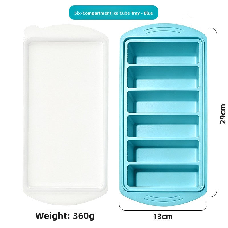 Six compartment silicone tray beside its white lid, 29 cm long, 360 g, option 6 Cavities 29 cm Tray, Turquoise