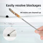 Bottle brush cleaning a fridge drain hole, with a close-up of the hole and an easily resolve blockages panel