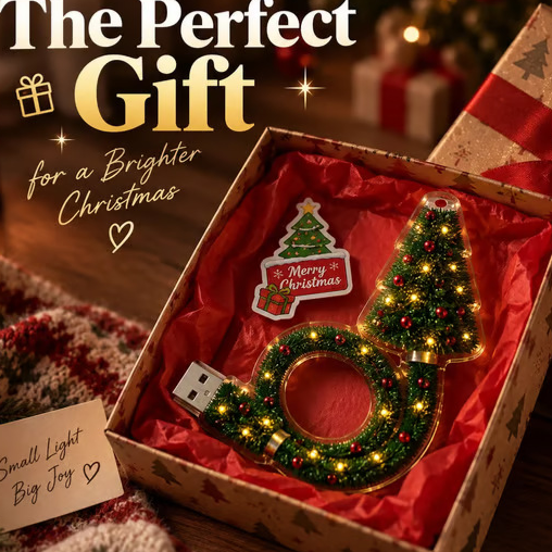 Gift box holding the Christmas tree USB projector light and a Merry Christmas tag on red tissue