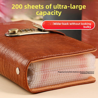 Brown faux leather banknote holder book open to show clear PP sleeve pages, large capacity