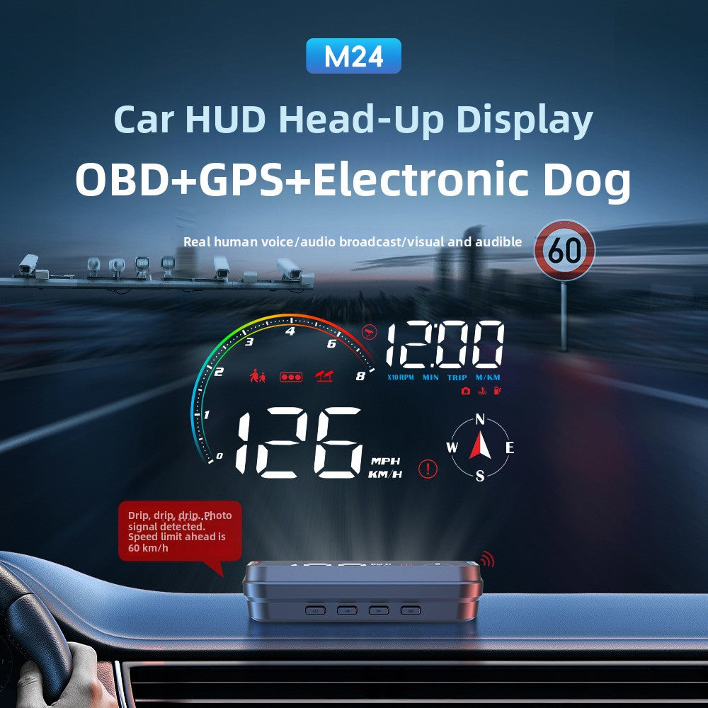 Car HUD head up display M24 shown projecting speed and RPM data above a car dashboard