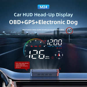 Car HUD head up display M24 shown projecting speed and RPM data above a car dashboard