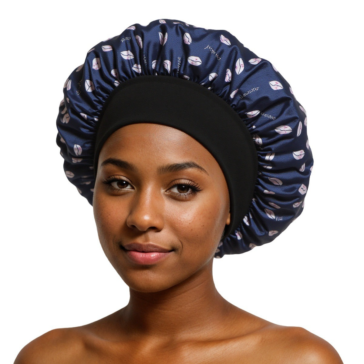 Navy Lips Print satin sleep bonnet with ruffled crown and wide elastic band, 30 cm diameter