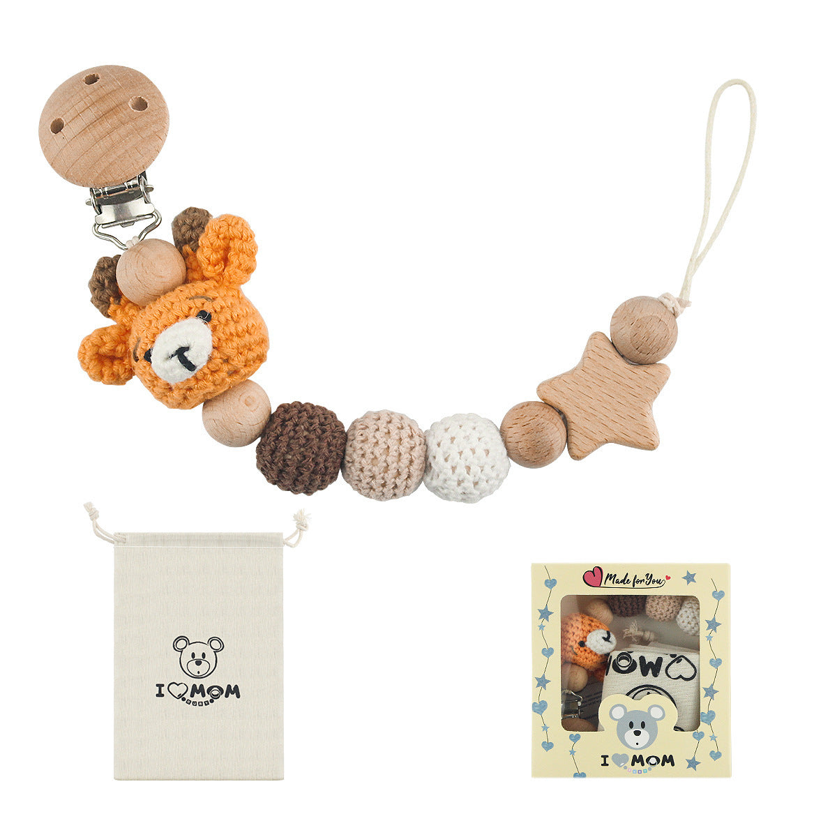 Cotton wood pacifier chain teether in soft studio lighting
