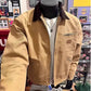 Khaki zip-up jacket with brown collar and chest zip pocket on a mannequin, size L option