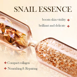 Close up of a snail essence ampoule filled with tiny beads and gold flecks