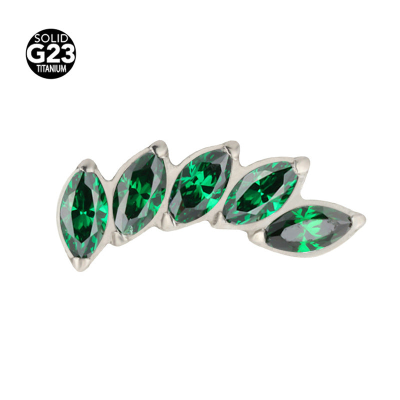 Curved marquise cubic zirconia top of a titanium piercing stud in close view