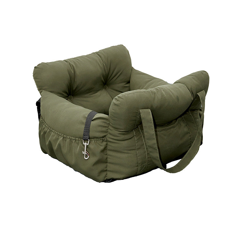 Padded car seat pet bed with raised bolster walls, carry handles and an inner clip in a brown corduroy colourway