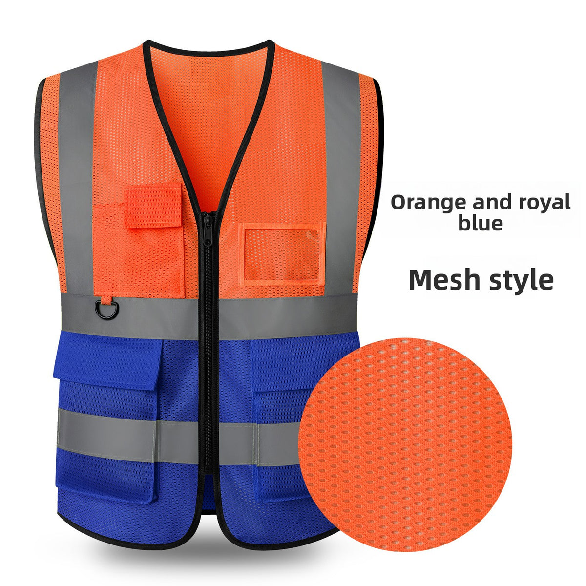 Mesh reflective work vest, orange top with royal blue lower half and flap pockets