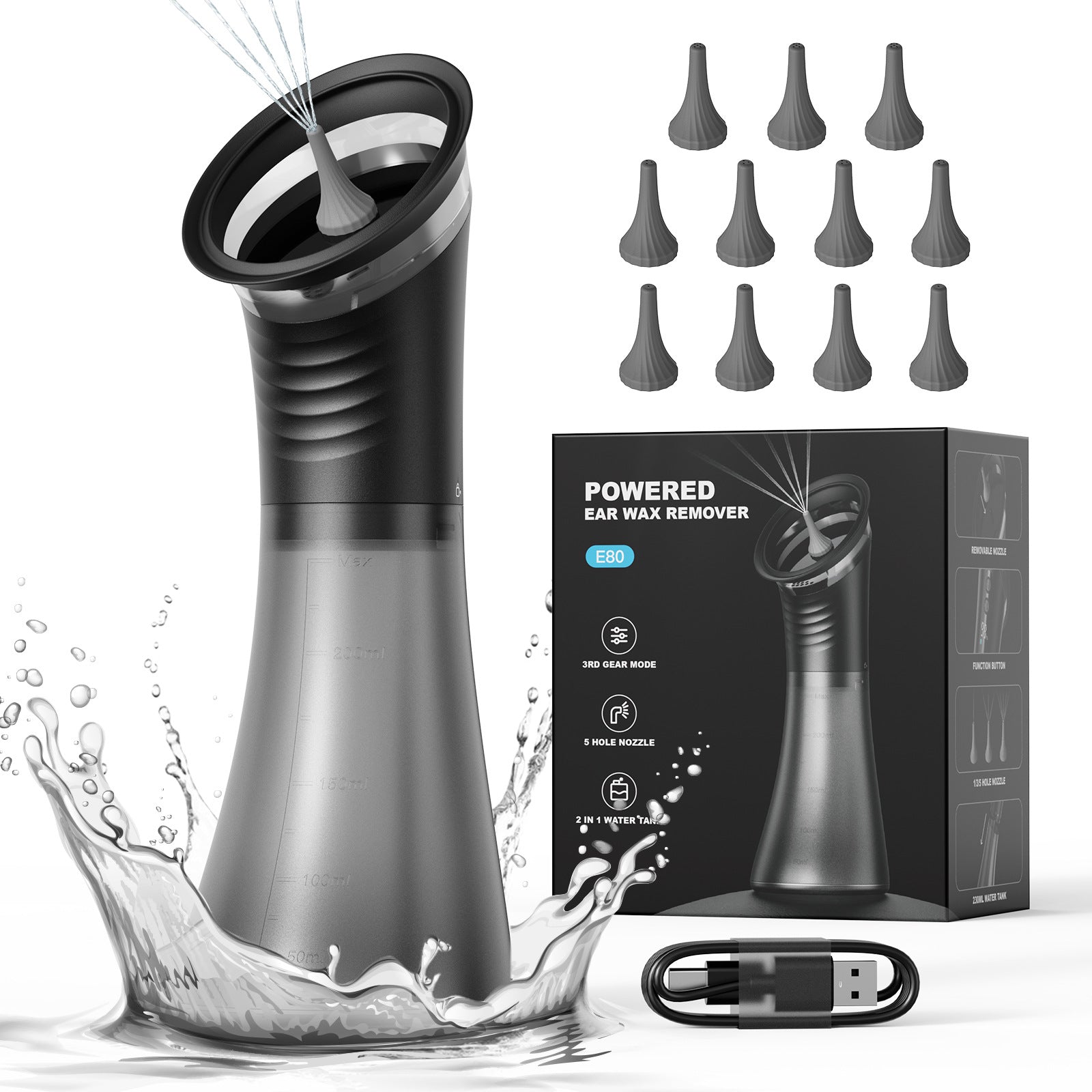 Electric ear irrigation device in soft studio lighting showing its black finish