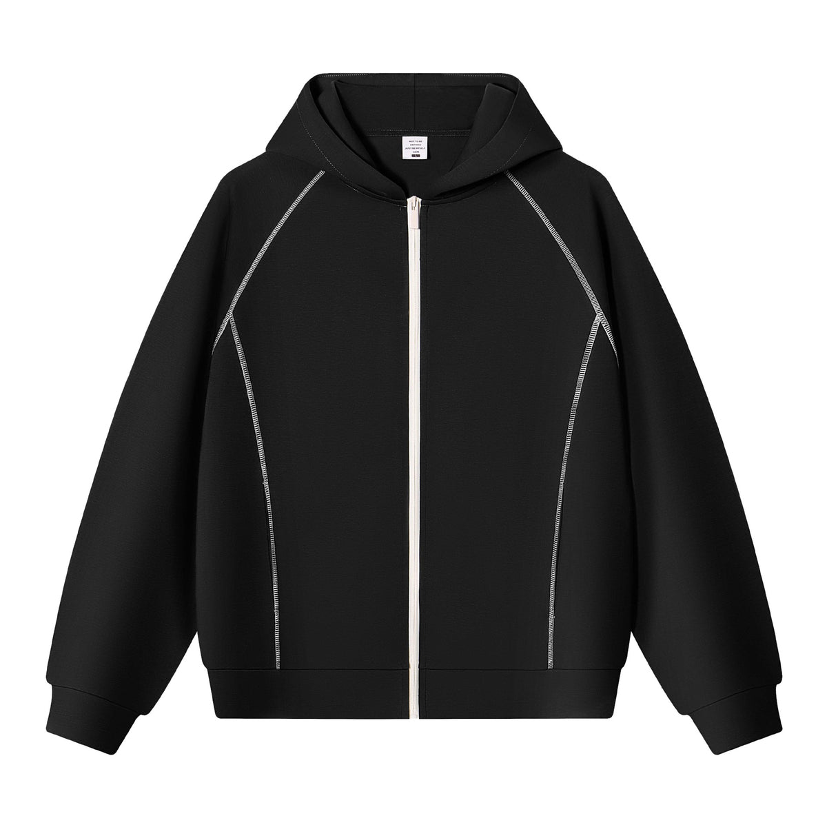 Black zip-up hoodie with grey contrast topstitching on the sleeve seams and ribbed cuffs, size XL option