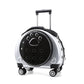 Silver pet carrier on wheels with a black paw-print window pierced with air holes and a telescopic handle