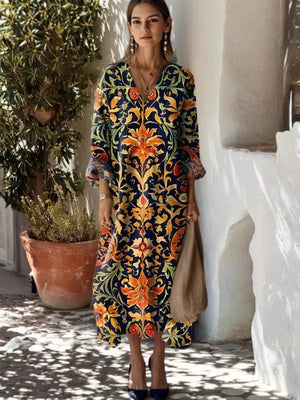 Women's floral print V-neck long sleeve A-line dress front view