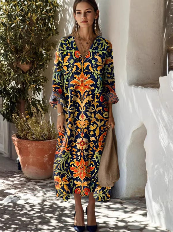 Womens Floral Print V-Neck Long Sleeve Dress