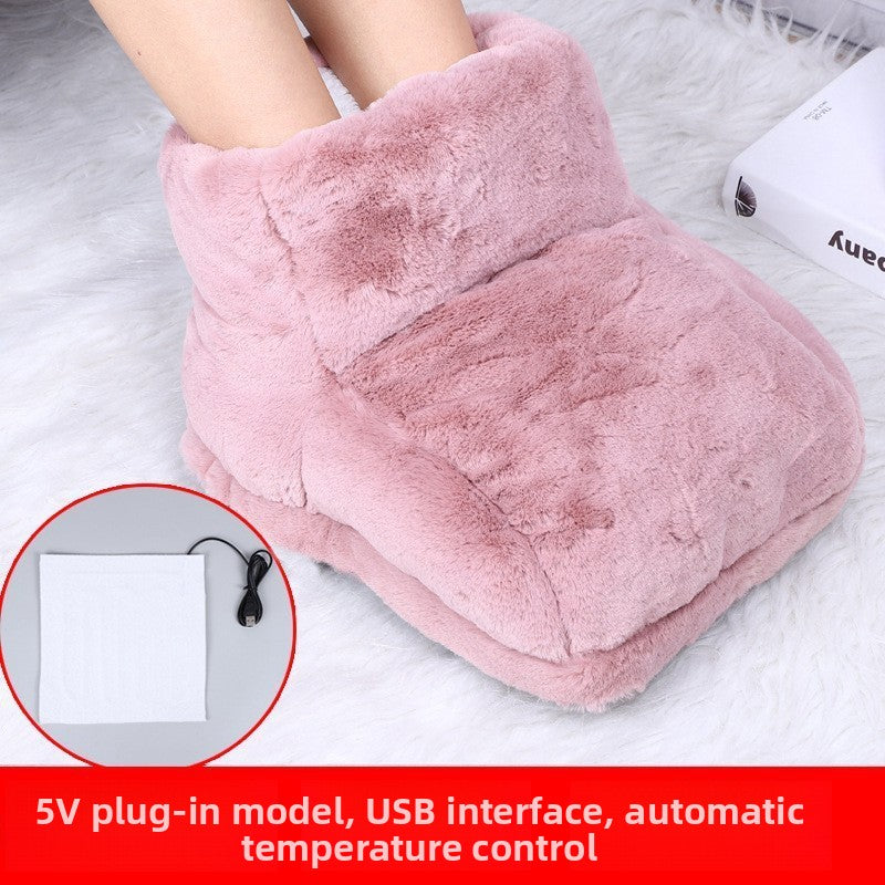 Pink plush foot warmer boot with feet inside and a heating pad inset on a white rug, USB automatic temperature caption