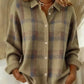 Khaki option photo of a khaki tan knit cardigan with a plaid check, shirt collar, size XL