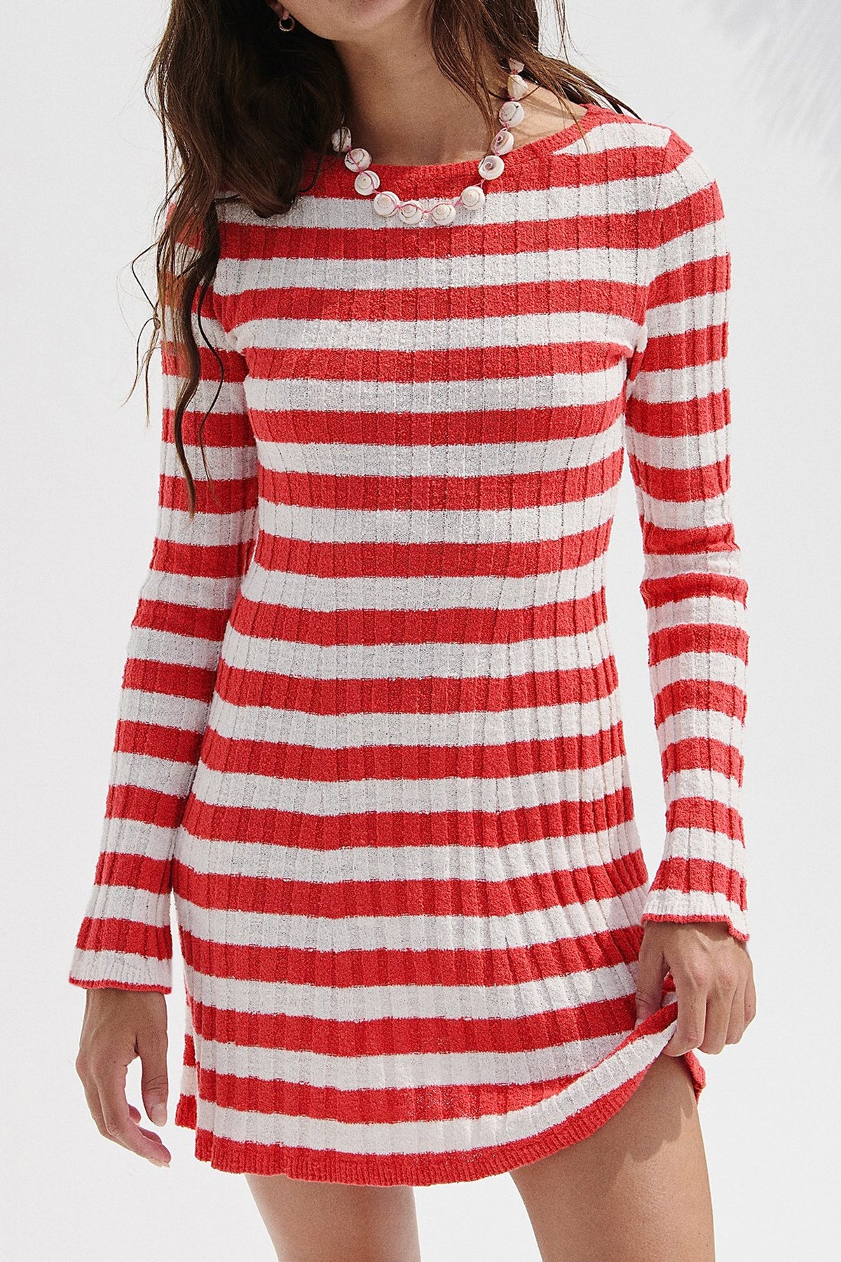 Red and white striped ribbed knit dress with long sleeves and round neck, size L option