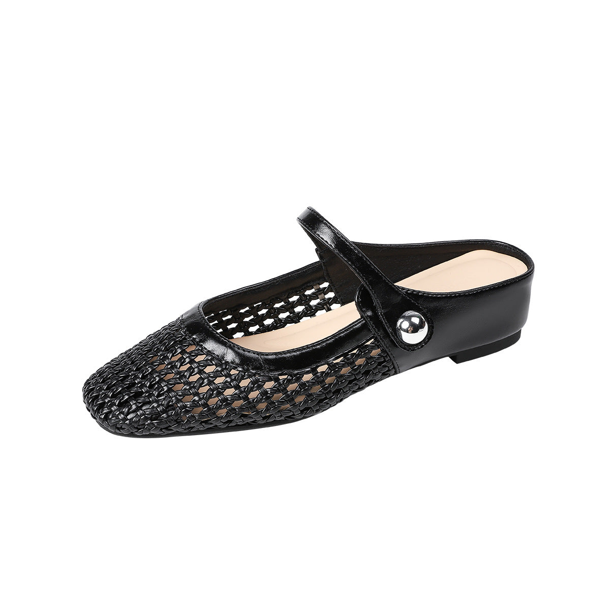 Single black woven openwork Mary Jane mule with a closed square toe, instep strap and silver tone ball button