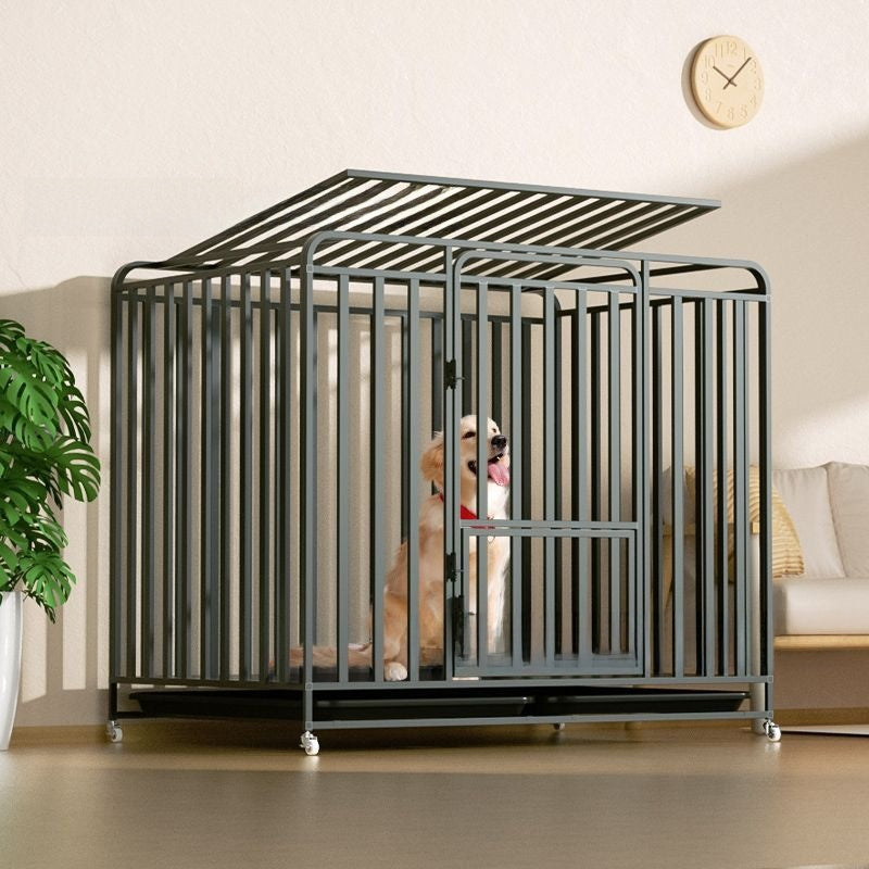 Bottom base of the iron dog crate with the ribbed tray floor and four wheels shown clearly