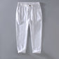 Pure linen mens drawstring straight leg trousers in black, waist and drawstring detail