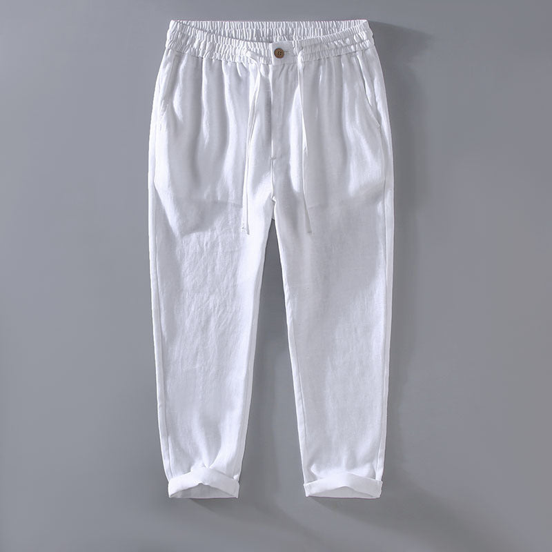 Pure linen mens drawstring straight leg trousers in black, waist and drawstring detail