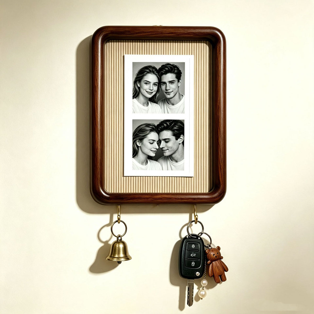 Option A4 Hook Style 7: dark wood wall photo frame with fine beige striped backing and two key hooks