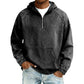 Black variant, size M: black washed half zip hoodie on a male model with light jeans