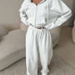 Light gray zip front hooded sweatshirt and wide leg trousers set, Light gray color, worn by a model, the Size S option